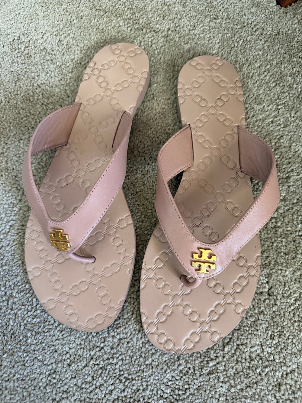 Tory Burch Nude Logo Thong Sandals with Gold Emblem